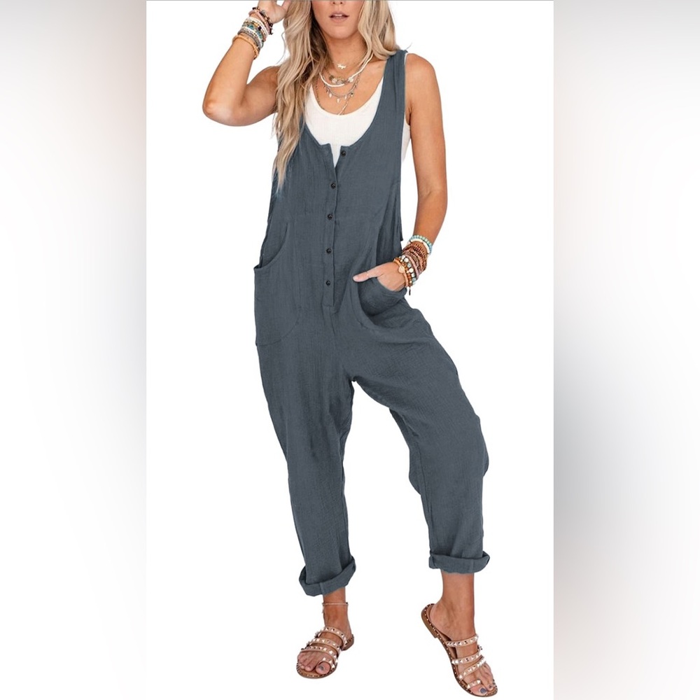 NWT Adorable Slate Blue Linen Jumpsuitsuit